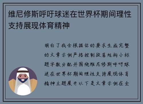 维尼修斯呼吁球迷在世界杯期间理性支持展现体育精神